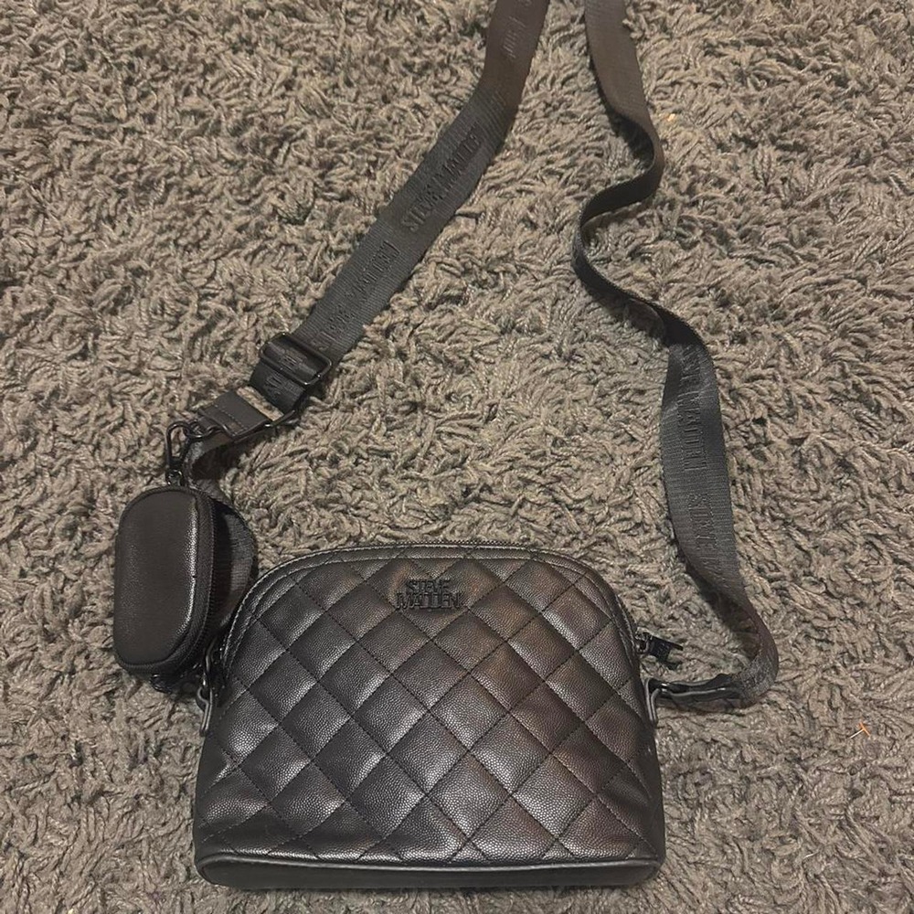 Steve Madden Black Quilted Crossbody Bag with Logo Strap and Detachable Pouch
